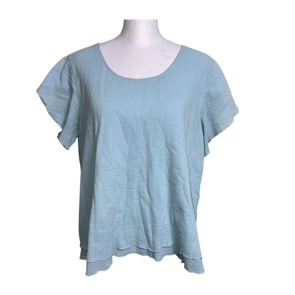 Soft Surroundings Aqua Blue Flutter Sleeve Top PM Petite Medium 100% Cotton Boho